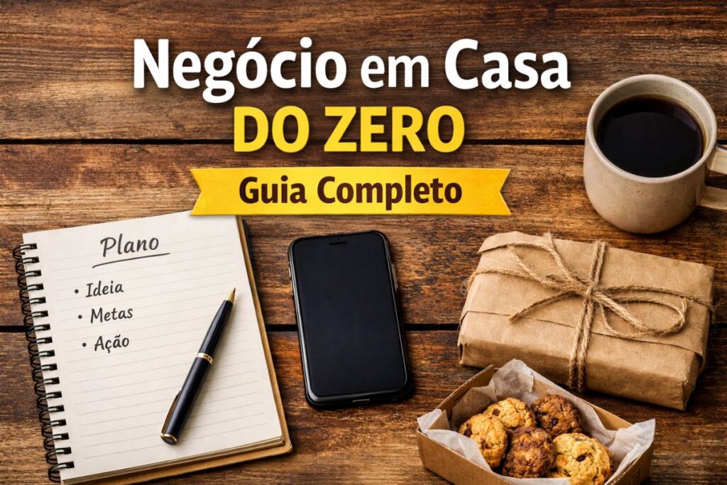 Mesa com caderno e celular planejando um pequeno negócio