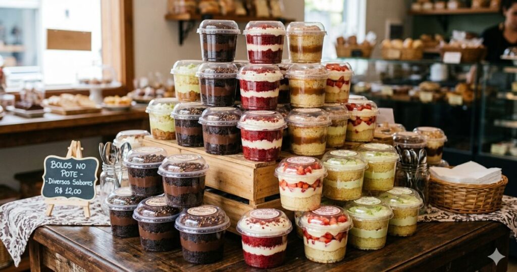 Mesa com uma pilha de bolos no pote de vários sabores