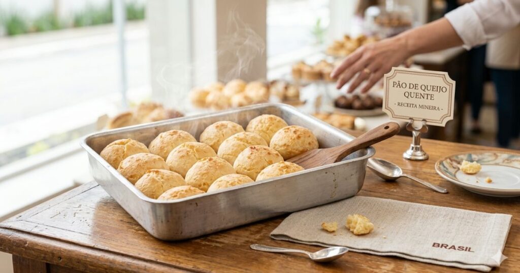 Bandeja com pão de queijo quente para vender